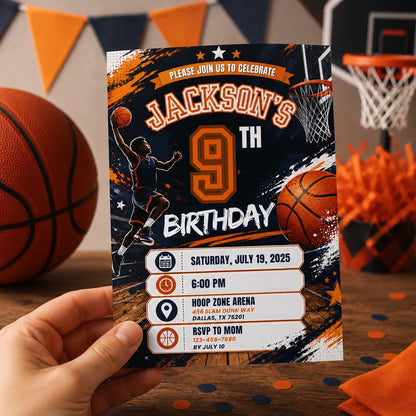 Editable Basketball Birthday Invitation Canva Template, Gold Black Luxury Sport Cute Fun DIY Sweet Party Invite, Printable Digital Download.