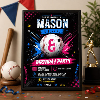 Editable Baseball Pool Birthday Invitation Canva Template, Boys Pool Cute Modern Fun DIY Chic Kids Party Invite, Printable Digital Download.