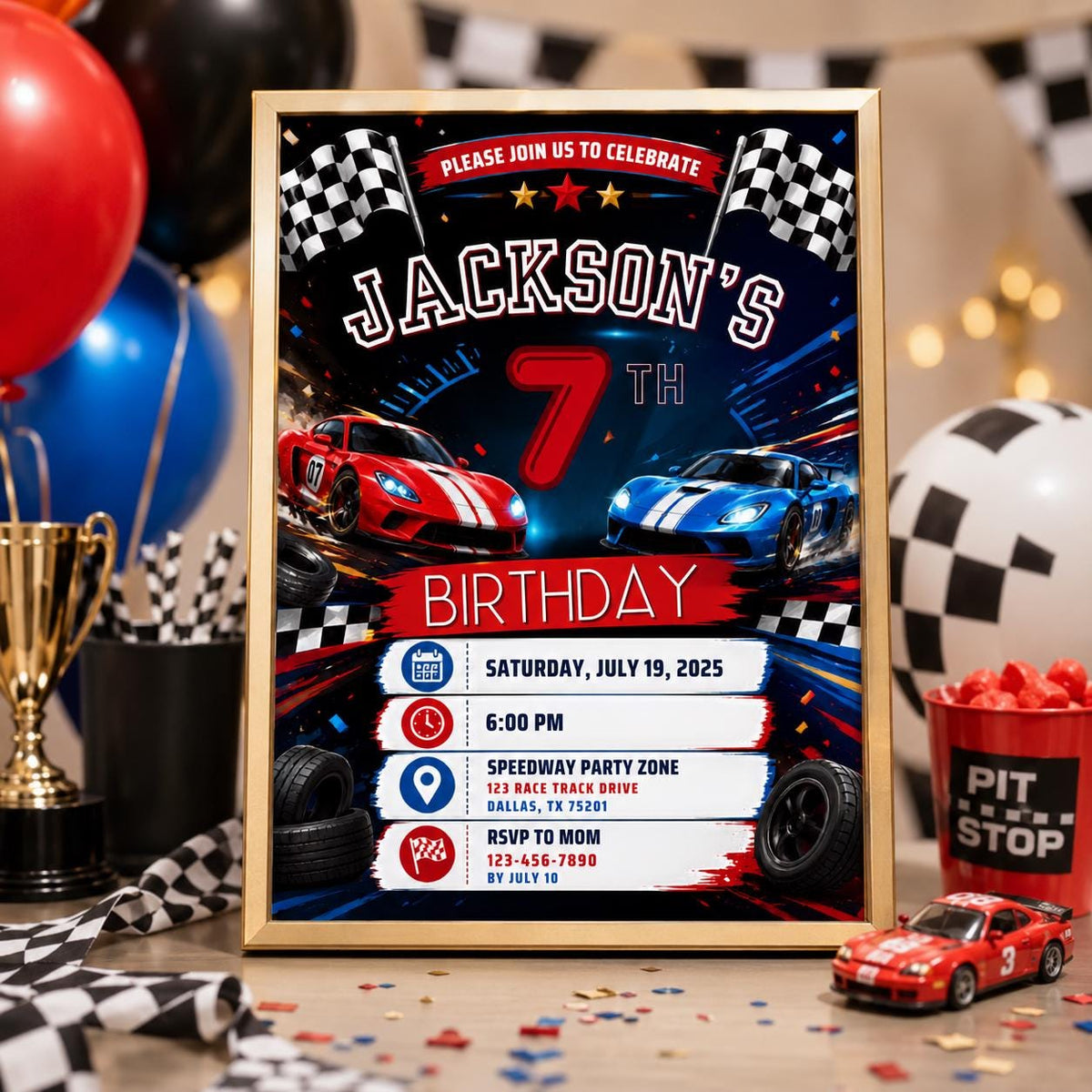 Editable Race Car Birthday Invitation Canva Template, Boys Kids Cute Fun DIY Sweet Chic Teen Tween Party Invite, Printable Digital Download.