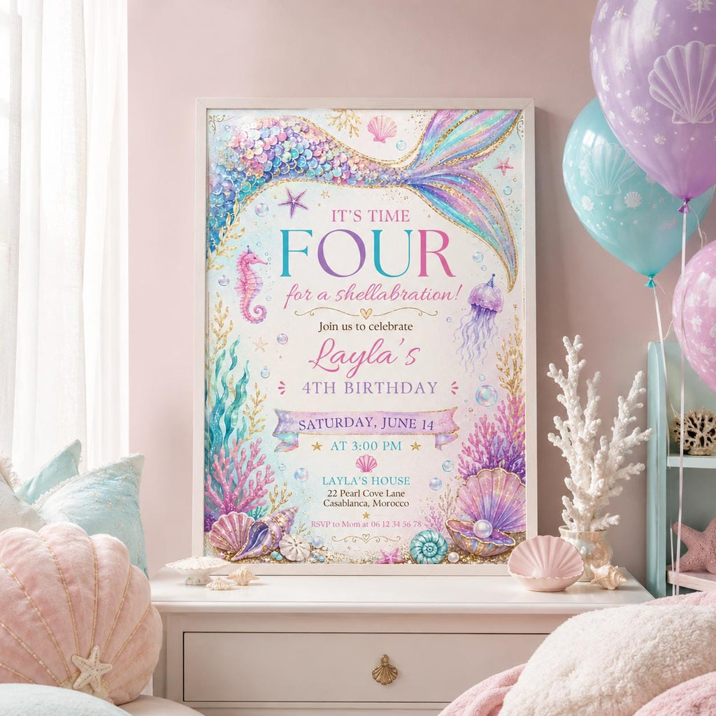 Editable Mermaid Birthday Invitation Canva Template, Girls Kids Cute Fun DIY Sweet Chic Teen Tween Party Invite, Printable Digital Download.