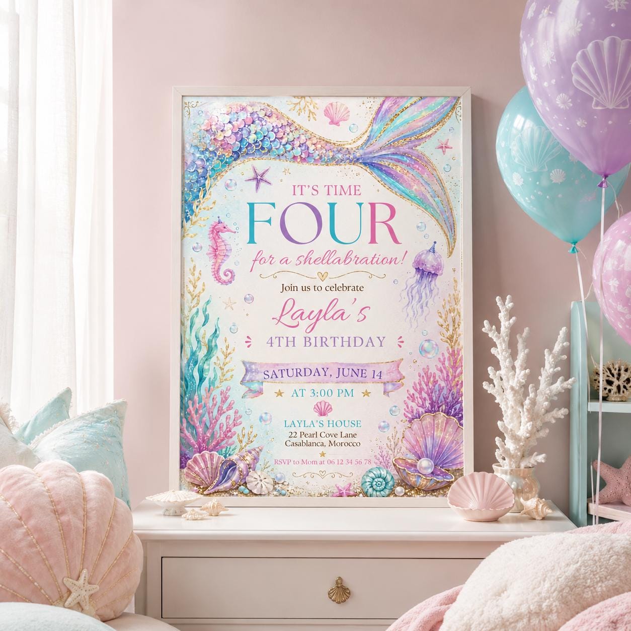 Editable Mermaid Birthday Invitation Canva Template, Girls Kids Cute Fun DIY Sweet Chic Teen Tween Party Invite, Printable Digital Download.