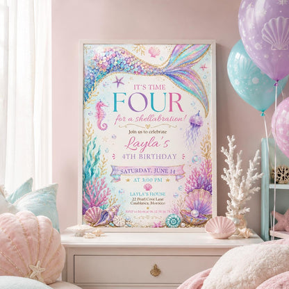Editable Mermaid Birthday Invitation Canva Template, Girls Kids Cute Fun DIY Sweet Chic Teen Tween Party Invite, Printable Digital Download.
