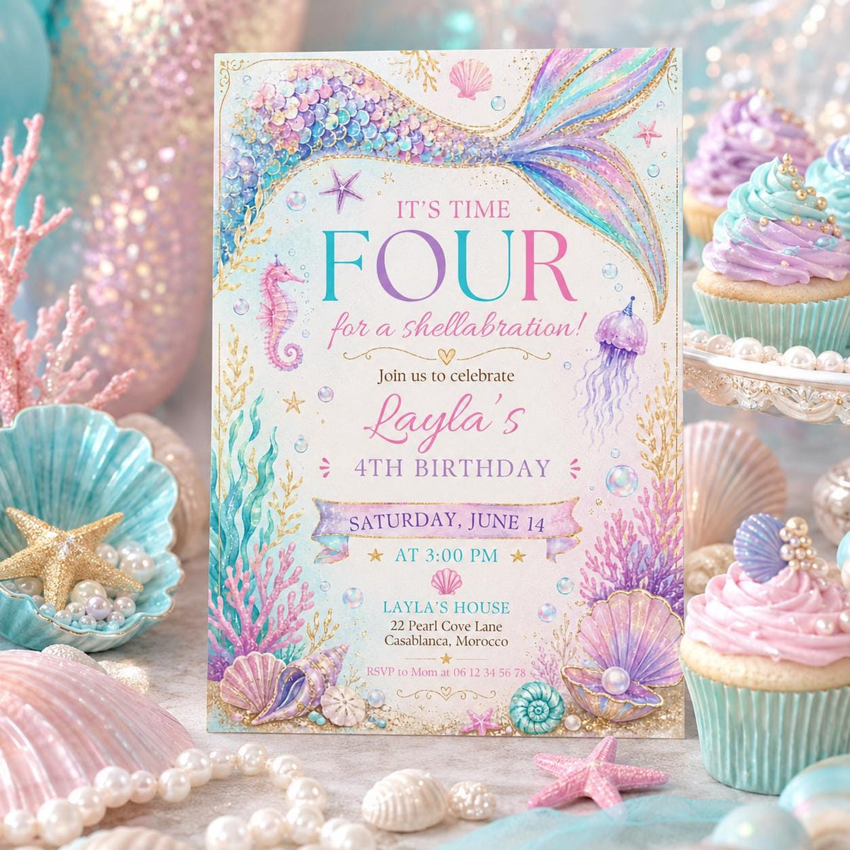 Editable Mermaid Birthday Invitation Canva Template, Girls Kids Cute Fun DIY Sweet Chic Teen Tween Party Invite, Printable Digital Download.