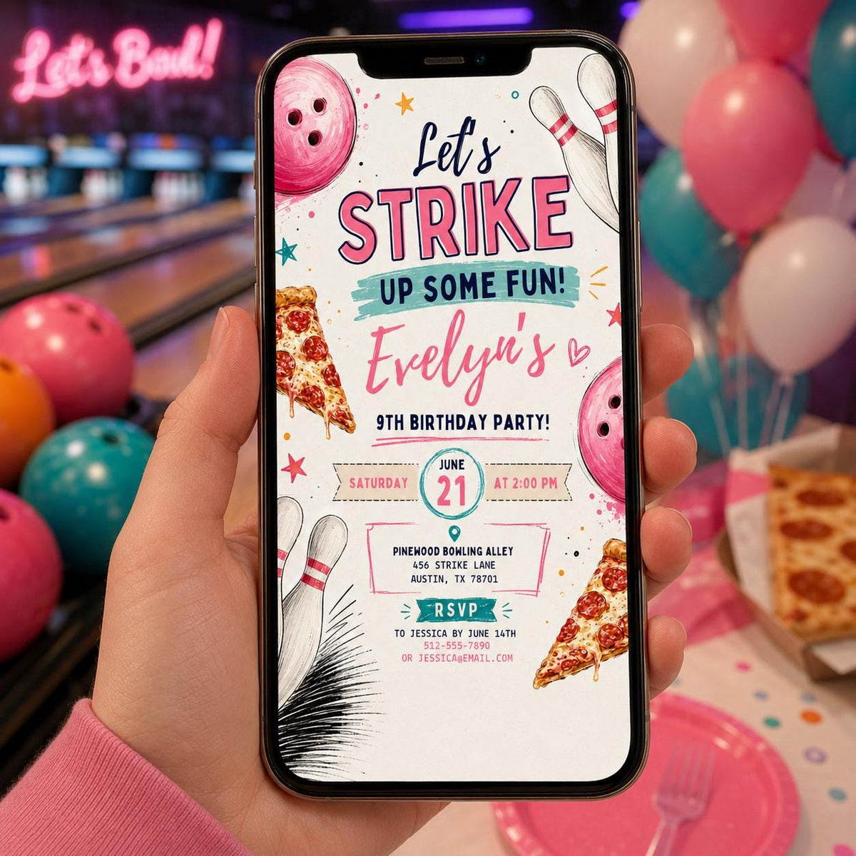 Editable Bowling Birthday Invitation Canva Template, Pink Girls Teens Cute Fun DIY Sweet Chic Kids Party Invite, Printable Digital Download.