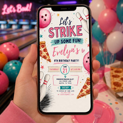 Editable Bowling Birthday Invitation Canva Template, Pink Girls Teens Cute Fun DIY Sweet Chic Kids Party Invite, Printable Digital Download.