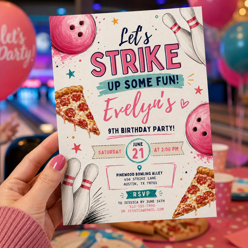 Editable Bowling Birthday Invitation Canva Template, Pink Girls Teens Cute Fun DIY Sweet Chic Kids Party Invite, Printable Digital Download.