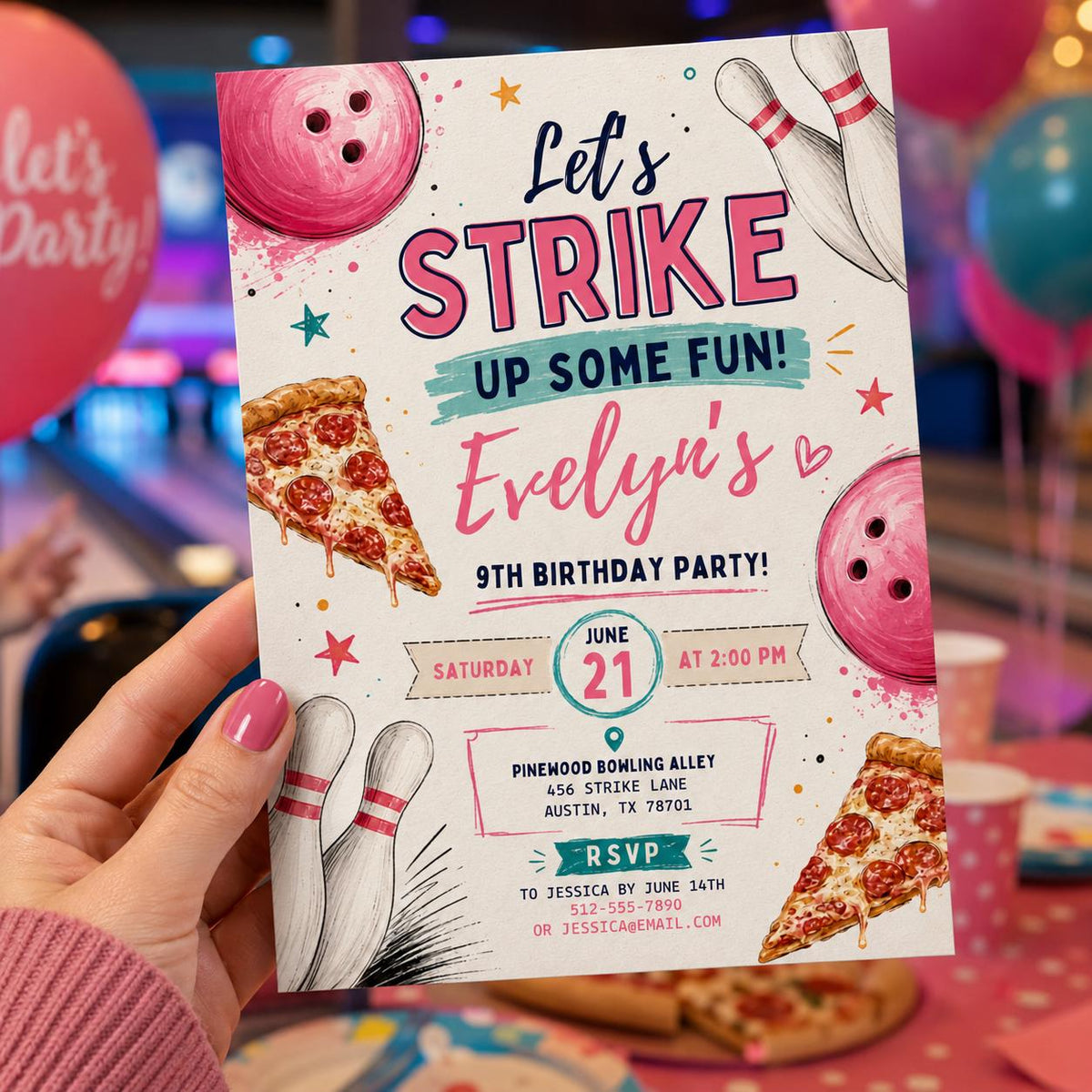 Editable Bowling Birthday Invitation Canva Template, Pink Girls Teens Cute Fun DIY Sweet Chic Kids Party Invite, Printable Digital Download.