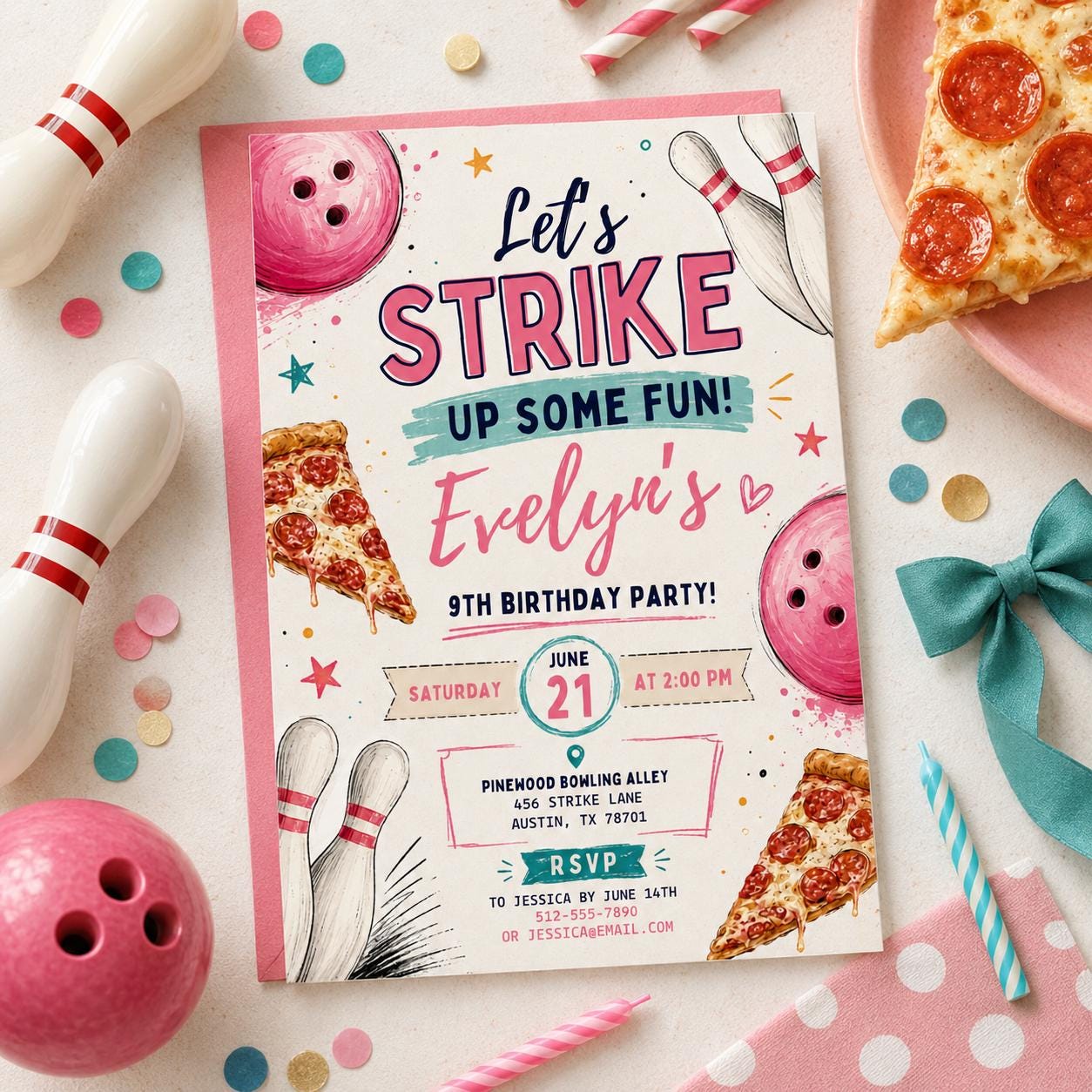 Editable Bowling Birthday Invitation Canva Template, Pink Girls Teens Cute Fun DIY Sweet Chic Kids Party Invite, Printable Digital Download.