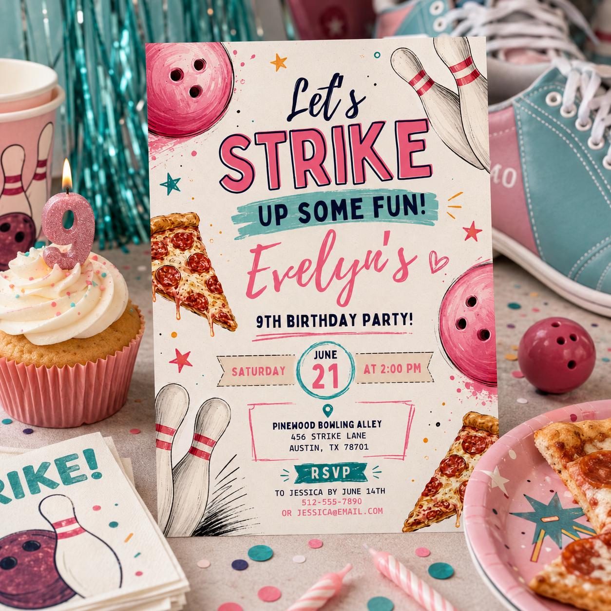 Editable Bowling Birthday Invitation Canva Template, Pink Girls Teens Cute Fun DIY Sweet Chic Kids Party Invite, Printable Digital Download.