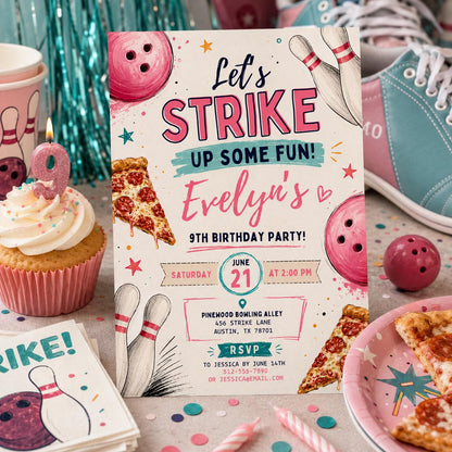 Editable Bowling Birthday Invitation Canva Template, Pink Girls Teens Cute Fun DIY Sweet Chic Kids Party Invite, Printable Digital Download.
