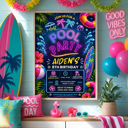 Editable Pool Birthday Invitation Canva Template, Blue Green Neon Boys Kids Pool Cute Fun DIY Chic Party Invite, Printable Digital Download.