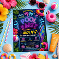 Editable Pool Birthday Invitation Canva Template, Blue Green Neon Boys Kids Pool Cute Fun DIY Chic Party Invite, Printable Digital Download.