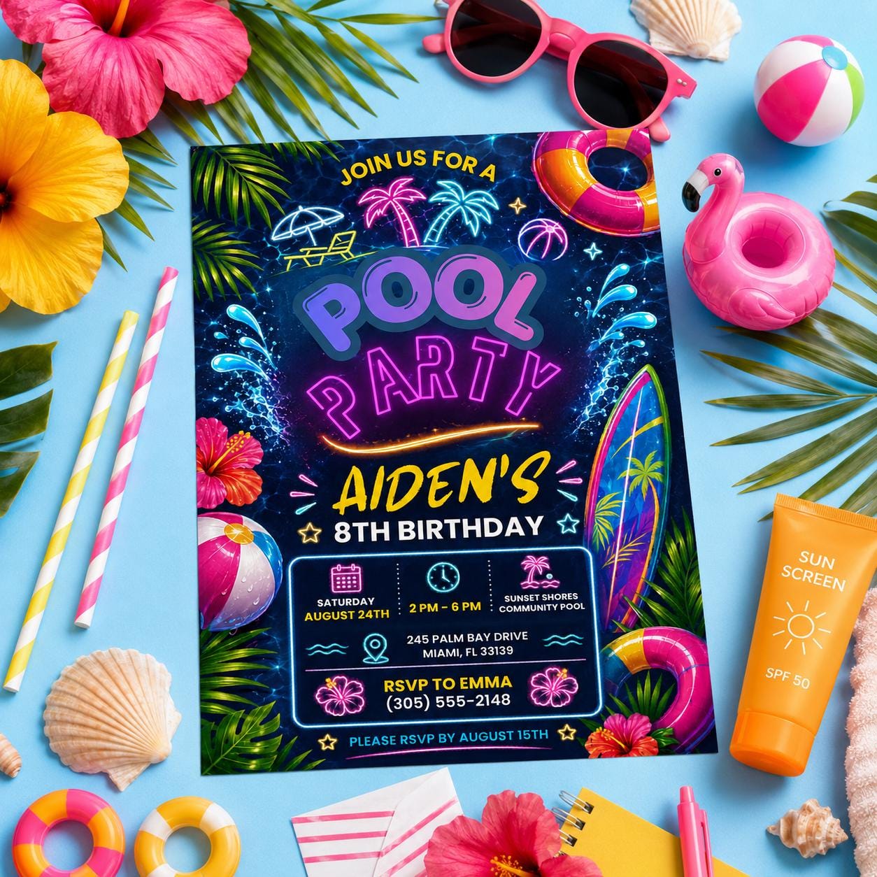 Editable Pool Birthday Invitation Canva Template, Blue Green Neon Boys Kids Pool Cute Fun DIY Chic Party Invite, Printable Digital Download.