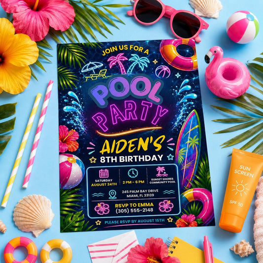 Editable Pool Birthday Invitation Canva Template, Blue Green Neon Boys Kids Pool Cute Fun DIY Chic Party Invite, Printable Digital Download.