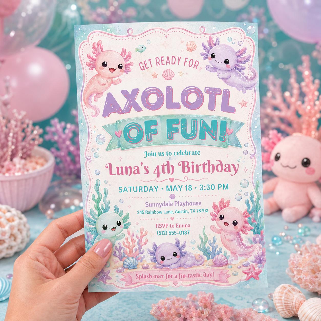 Editable Axolotl Birthday Invitation Canva Template, Girls Cute Fun DIY Sweet Chic Kids Teen Tween Party Invite, Printable Digital Download.