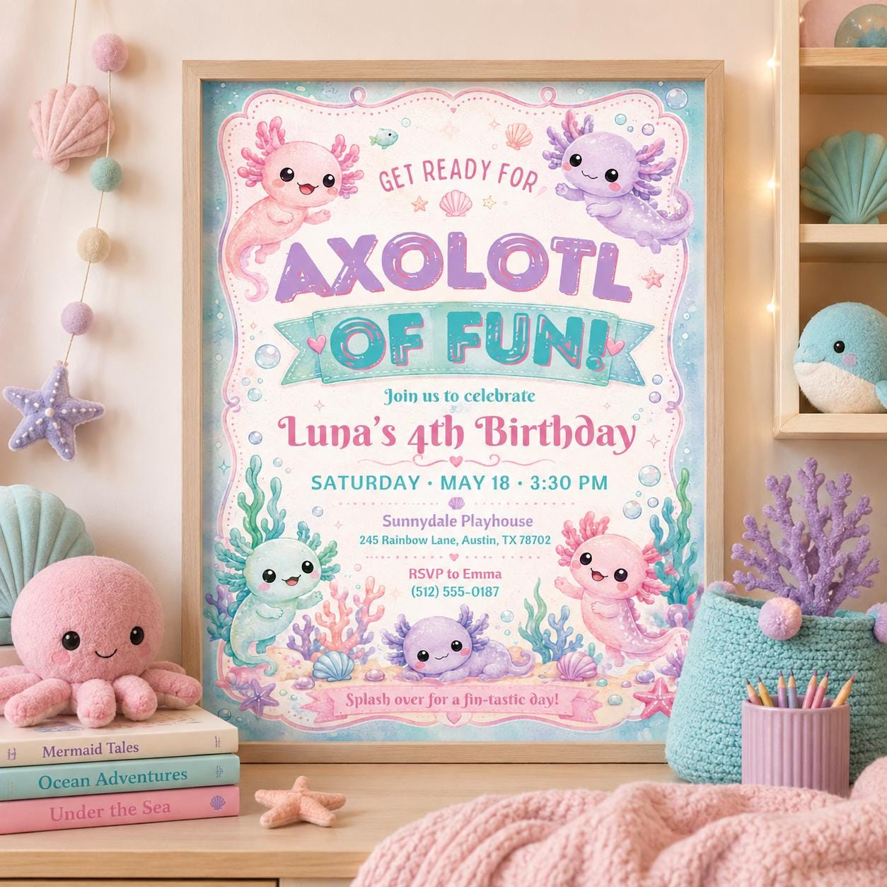 Editable Axolotl Birthday Invitation Canva Template, Girls Cute Fun DIY Sweet Chic Kids Teen Tween Party Invite, Printable Digital Download.