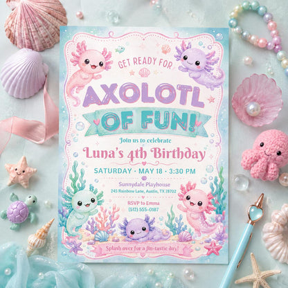 Editable Axolotl Birthday Invitation Canva Template, Girls Cute Fun DIY Sweet Chic Kids Teen Tween Party Invite, Printable Digital Download.