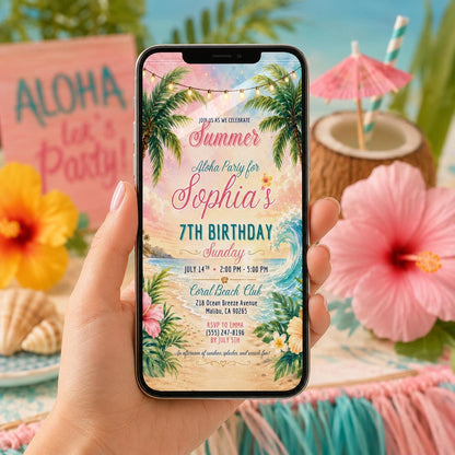 Editable Beach Birthday Invitation Canva Template, Pink Girls Beach Cute Modern Fun DIY Sweet Chic Party Invite, Printable Digital Download.