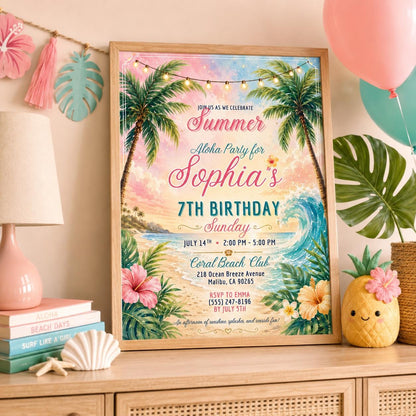 Editable Beach Birthday Invitation Canva Template, Pink Girls Beach Cute Modern Fun DIY Sweet Chic Party Invite, Printable Digital Download.