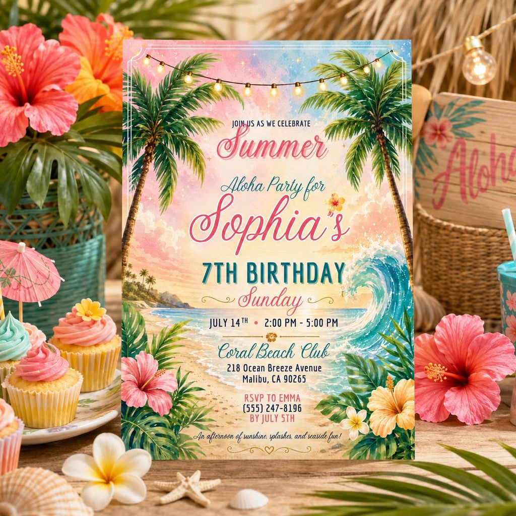 Editable Beach Birthday Invitation Canva Template, Pink Girls Beach Cute Modern Fun DIY Sweet Chic Party Invite, Printable Digital Download.