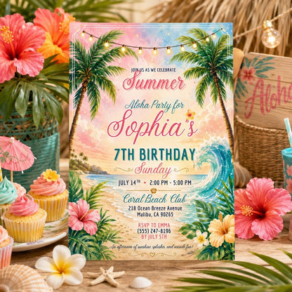 Editable Beach Birthday Invitation Canva Template, Pink Girls Beach Cute Modern Fun DIY Sweet Chic Party Invite, Printable Digital Download.