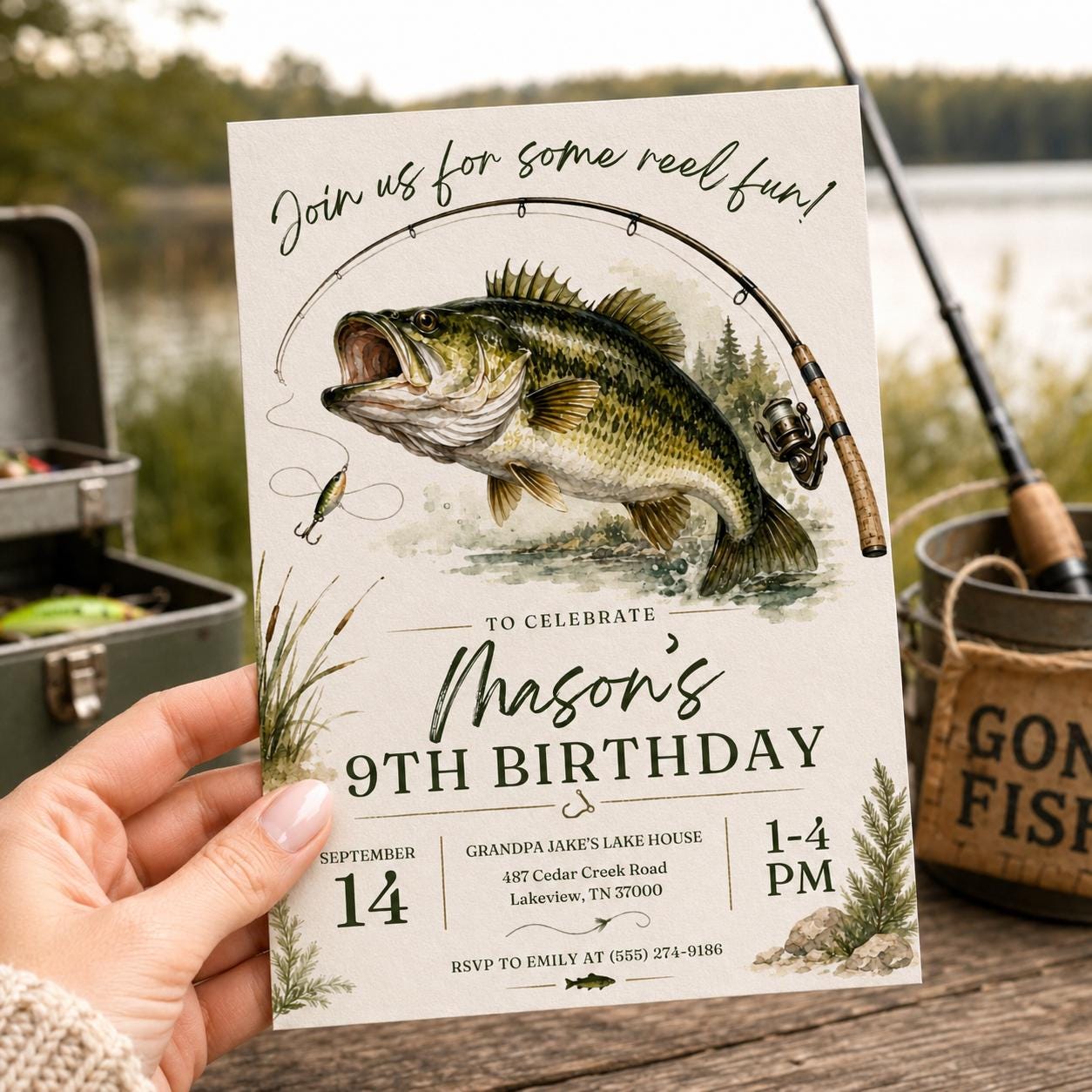 Editable Fishing Birthday Invitation Canva Template, Boys Kids Cute Modern Fun DIY Sweet Chic Teen Party Invite, Printable Digital Download.
