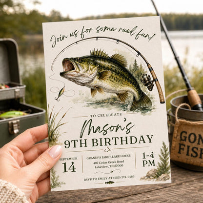 Editable Fishing Birthday Invitation Canva Template, Boys Kids Cute Modern Fun DIY Sweet Chic Teen Party Invite, Printable Digital Download.