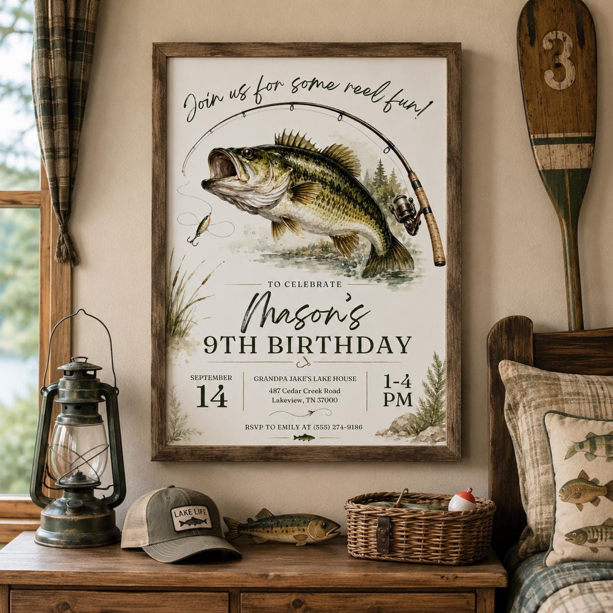 Editable Fishing Birthday Invitation Canva Template, Boys Kids Cute Modern Fun DIY Sweet Chic Teen Party Invite, Printable Digital Download.