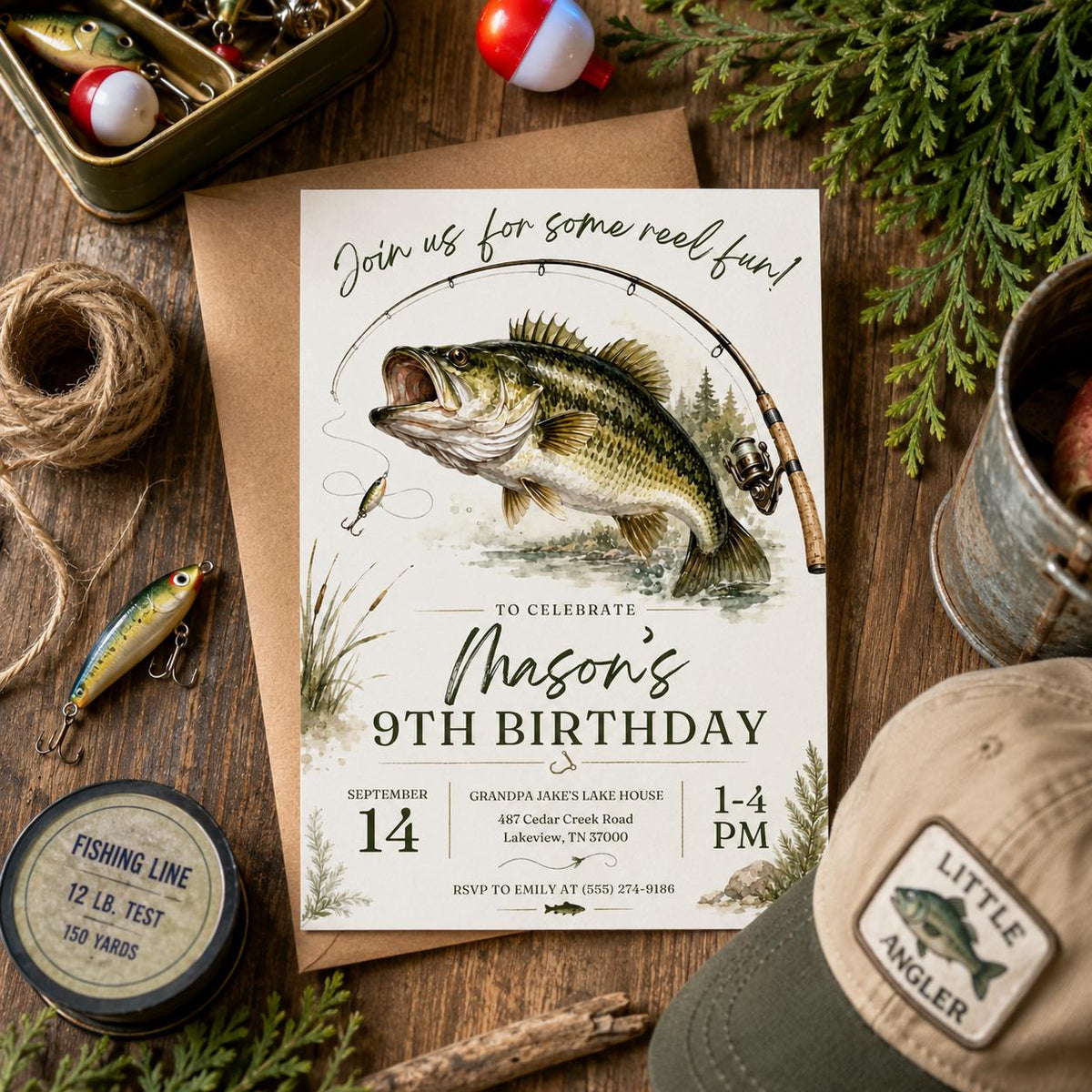 Editable Fishing Birthday Invitation Canva Template, Boys Kids Cute Modern Fun DIY Sweet Chic Teen Party Invite, Printable Digital Download.