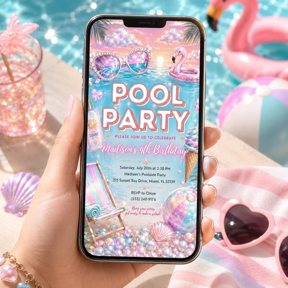 Editable Pool Birthday Invitation Canva Template, Pastel Girls Pool Cute Modern Fun DIY Sweet Chic Party Invite, Printable Digital Download.