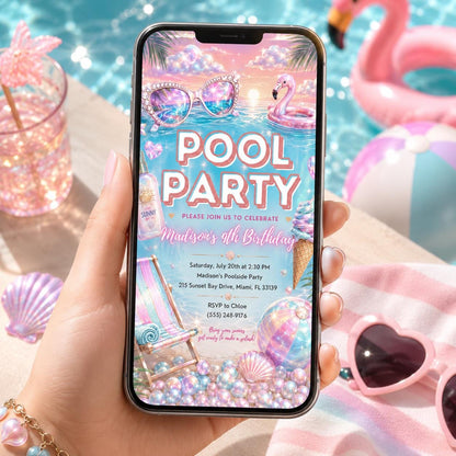 Editable Pool Birthday Invitation Canva Template, Pastel Girls Pool Cute Modern Fun DIY Sweet Chic Party Invite, Printable Digital Download.