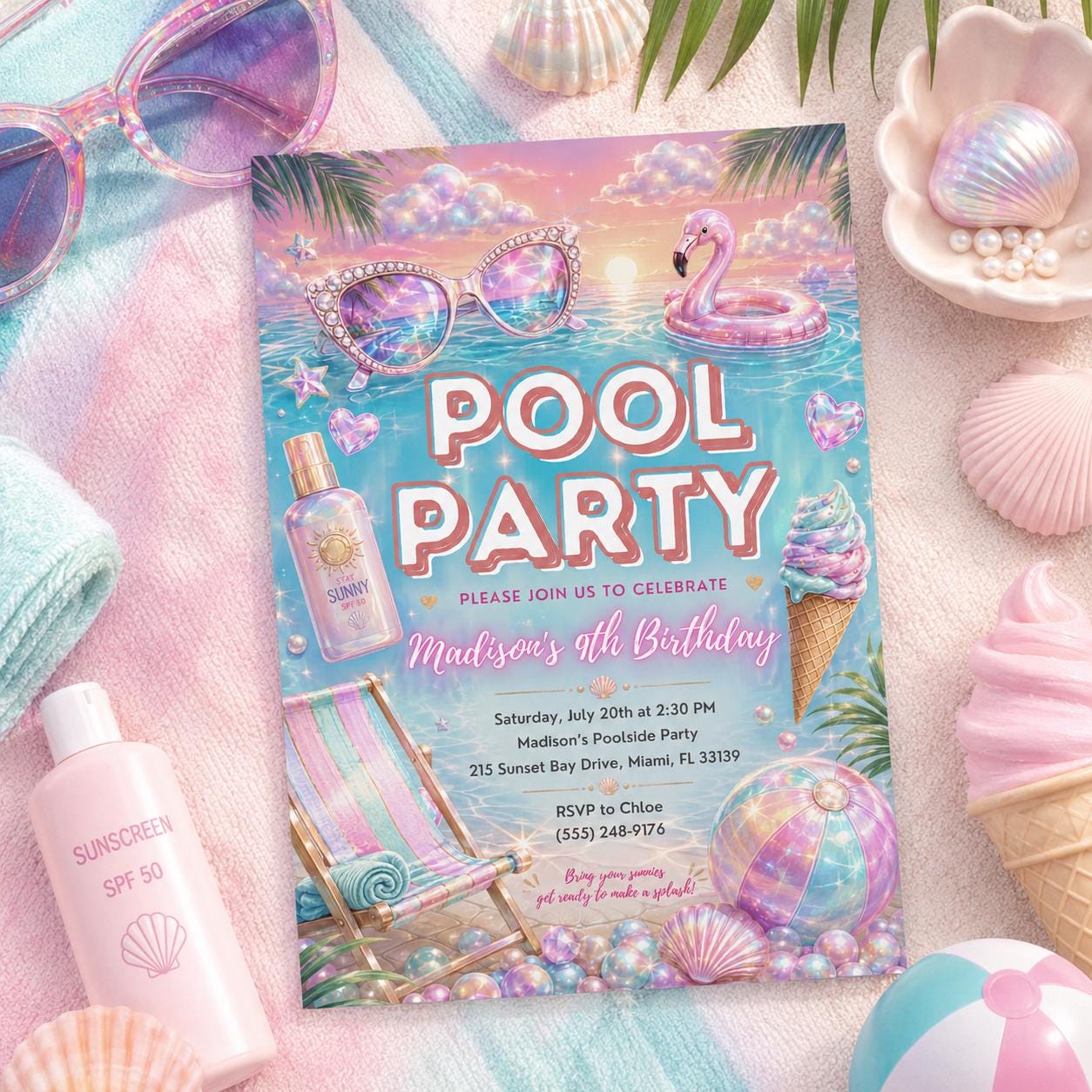 Editable Pool Birthday Invitation Canva Template, Pastel Girls Pool Cute Modern Fun DIY Sweet Chic Party Invite, Printable Digital Download.