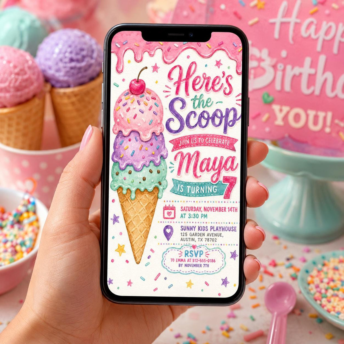 Editable Ice Cream Birthday Invitation Canva Template, Pink Mint Kids Sweet Cute Fun DIY Chic Teen Party Invite, Printable Digital Download.