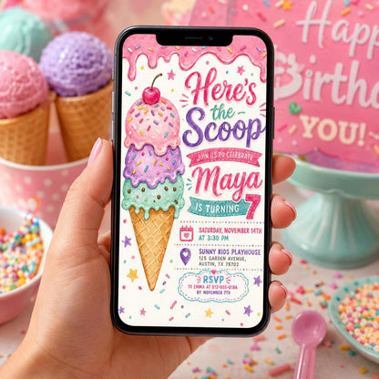 Editable Ice Cream Birthday Invitation Canva Template, Pink Mint Kids Sweet Cute Fun DIY Chic Teen Party Invite, Printable Digital Download.