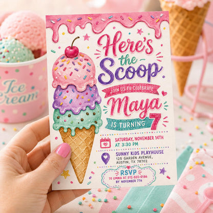Editable Ice Cream Birthday Invitation Canva Template, Pink Mint Kids Sweet Cute Fun DIY Chic Teen Party Invite, Printable Digital Download.