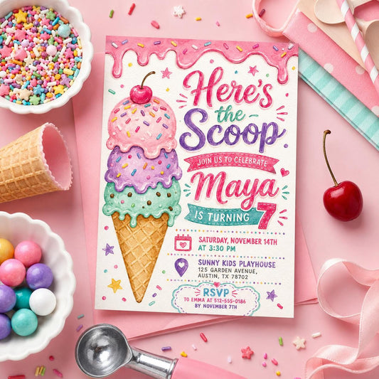 Editable Ice Cream Birthday Invitation Canva Template, Pink Mint Kids Sweet Cute Fun DIY Chic Teen Party Invite, Printable Digital Download.