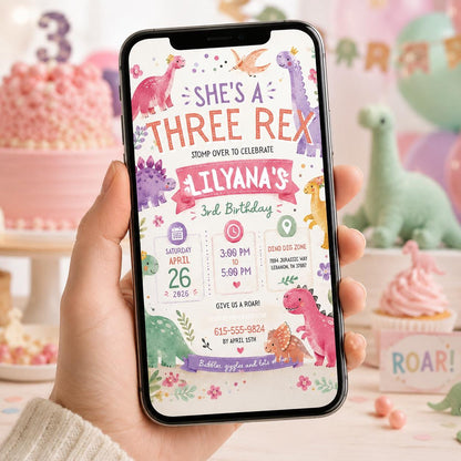 Editable Dinosaur Birthday Invitation Canva Template, Pink Pastel Cute Dino Fun DIY Chic Kids Teen Party Invite, Printable Digital Download.