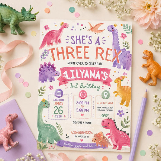 Editable Dinosaur Birthday Invitation Canva Template, Pink Pastel Cute Dino Fun DIY Chic Kids Teen Party Invite, Printable Digital Download.