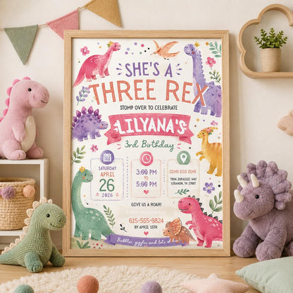 Editable Dinosaur Birthday Invitation Canva Template, Pink Pastel Cute Dino Fun DIY Chic Kids Teen Party Invite, Printable Digital Download.