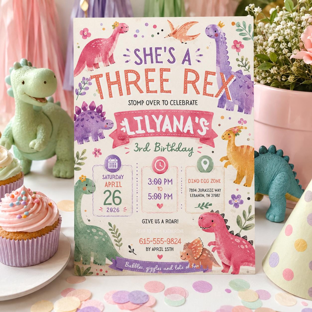 Editable Dinosaur Birthday Invitation Canva Template, Pink Pastel Cute Dino Fun DIY Chic Kids Teen Party Invite, Printable Digital Download.