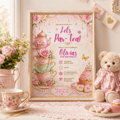 Editable Tea Birthday Invitation Canva Template, Pink Floral Girls Tea Cute Fun DIY Chic Kids Teen Party Invite, Printable Digital Download.