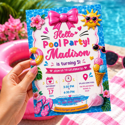 Editable Pool Birthday Invitation Canva Template, Pink Girls Pool Cute Modern Fun Themed DIY Sweet Party Invite, Printable Digital Download.
