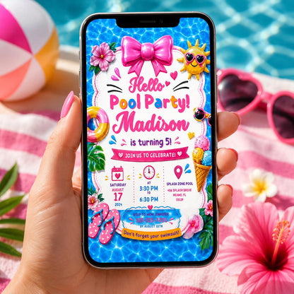 Editable Pool Birthday Invitation Canva Template, Pink Girls Pool Cute Modern Fun Themed DIY Sweet Party Invite, Printable Digital Download.