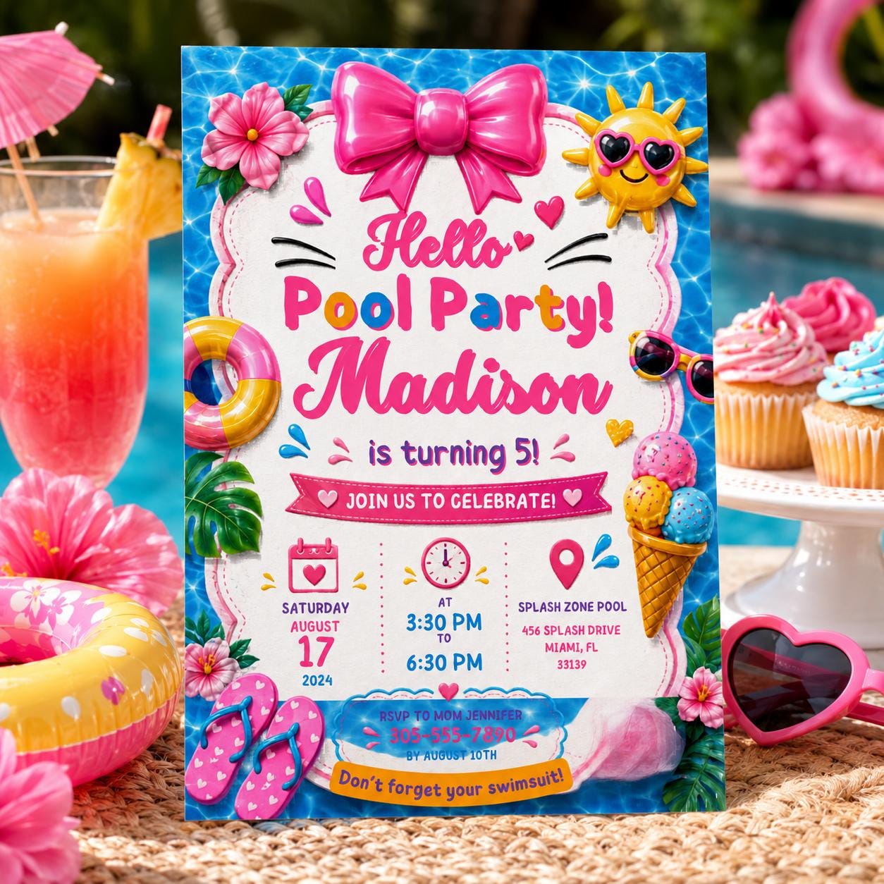 Editable Pool Birthday Invitation Canva Template, Pink Girls Pool Cute Modern Fun Themed DIY Sweet Party Invite, Printable Digital Download.