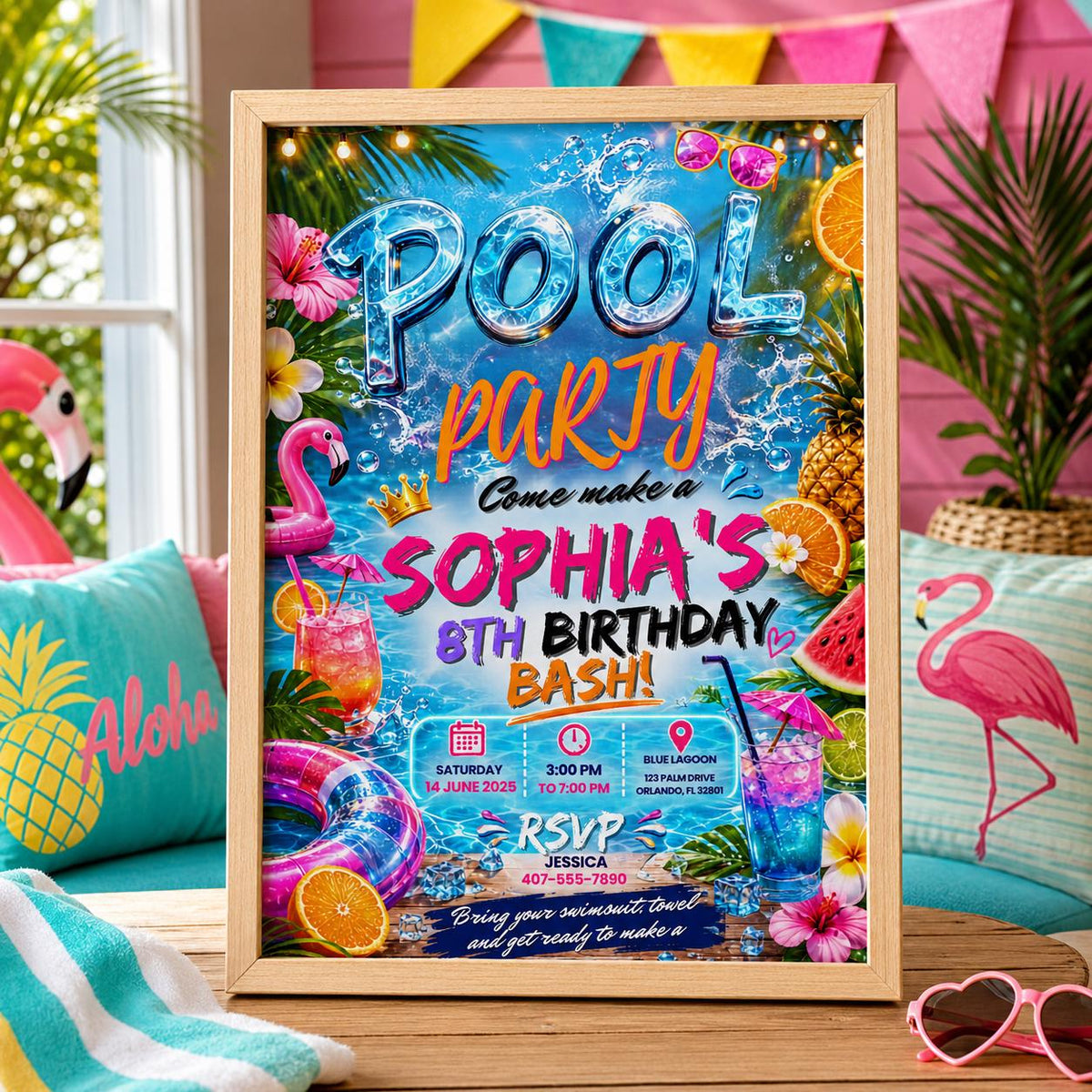 Editable Pool Birthday Invitation Canva Template, Girls Pool Cute Modern Fun Themed DIY Sweet Chic Party Invite, Printable Digital Download.
