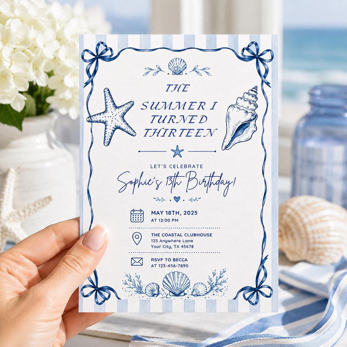 Editable Coastal Birthday Invitation Canva Template, Blue Girls Teens Beach Cute Fun DIY Chic Kids Party Invite, Printable Digital Download.