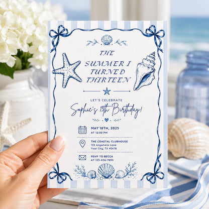 Editable Coastal Birthday Invitation Canva Template, Blue Girls Teens Beach Cute Fun DIY Chic Kids Party Invite, Printable Digital Download.