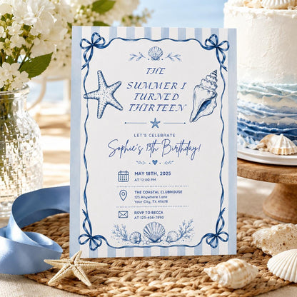 Editable Coastal Birthday Invitation Canva Template, Blue Girls Teens Beach Cute Fun DIY Chic Kids Party Invite, Printable Digital Download.
