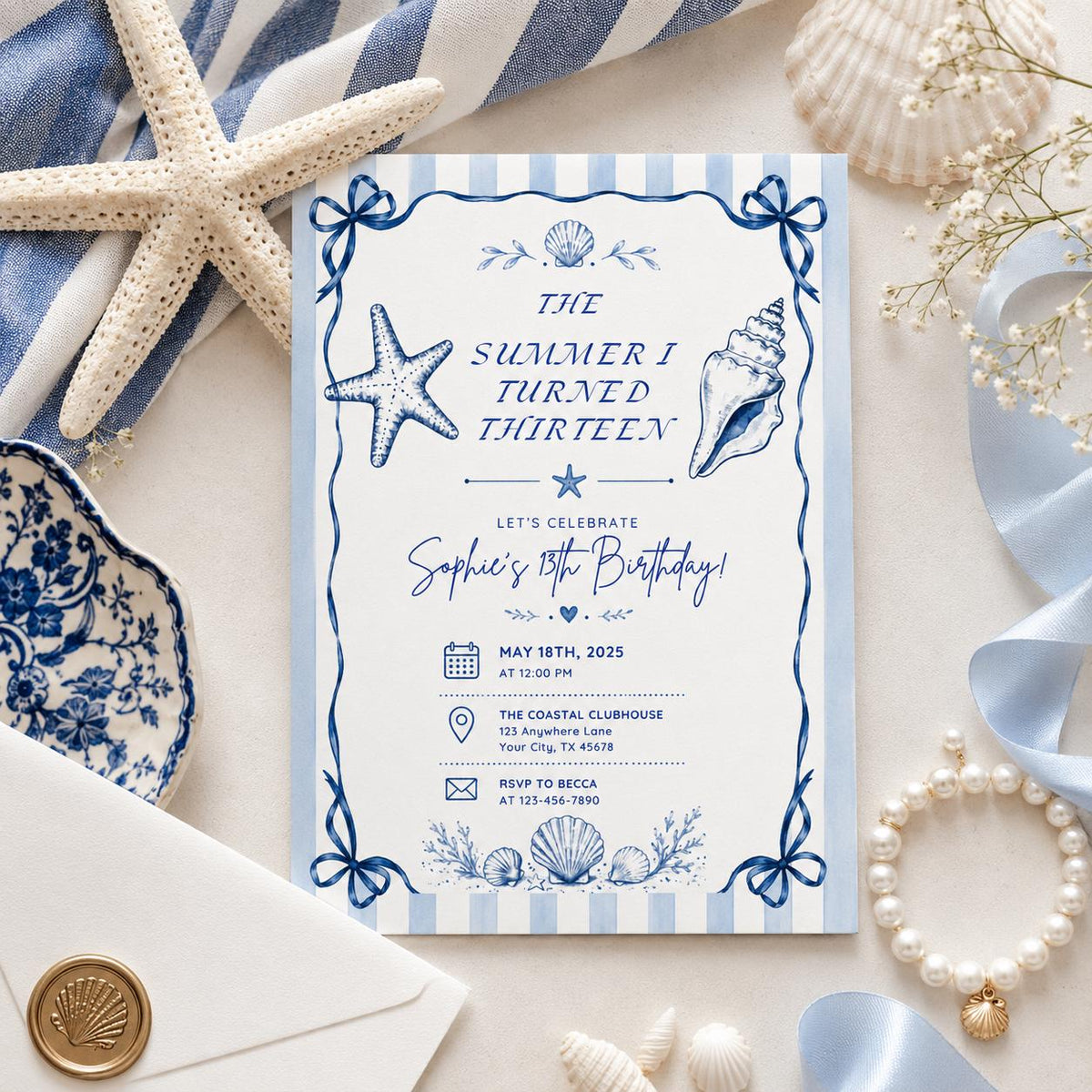 Editable Coastal Birthday Invitation Canva Template, Blue Girls Teens Beach Cute Fun DIY Chic Kids Party Invite, Printable Digital Download.