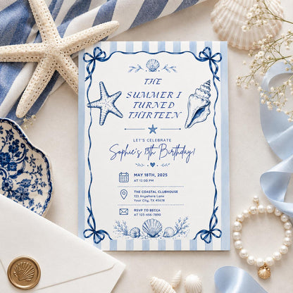 Editable Coastal Birthday Invitation Canva Template, Blue Girls Teens Beach Cute Fun DIY Chic Kids Party Invite, Printable Digital Download.
